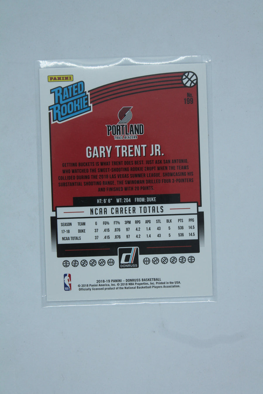 Gary Trent Jr. 2018-19 Panini Donruss Rookie Card