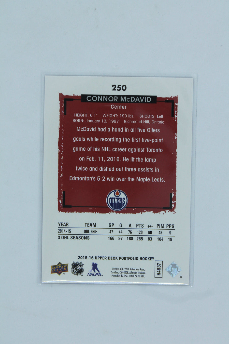 Connor McDavid 2015-16 Upper Deck Portfolio Rookie Card