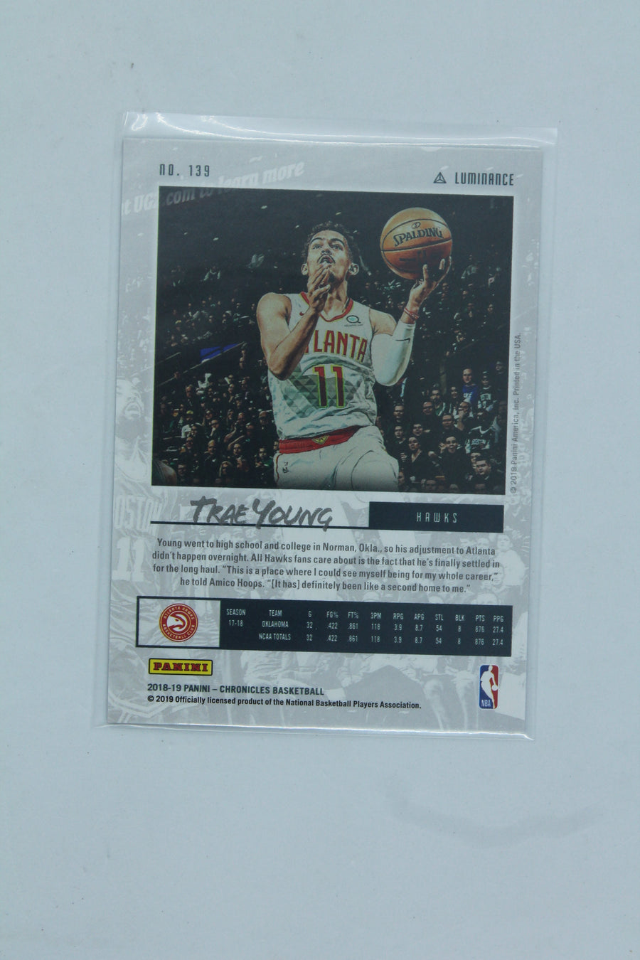 Trae Young 2018-19 Panini Chronicles Luminance Rookie Card