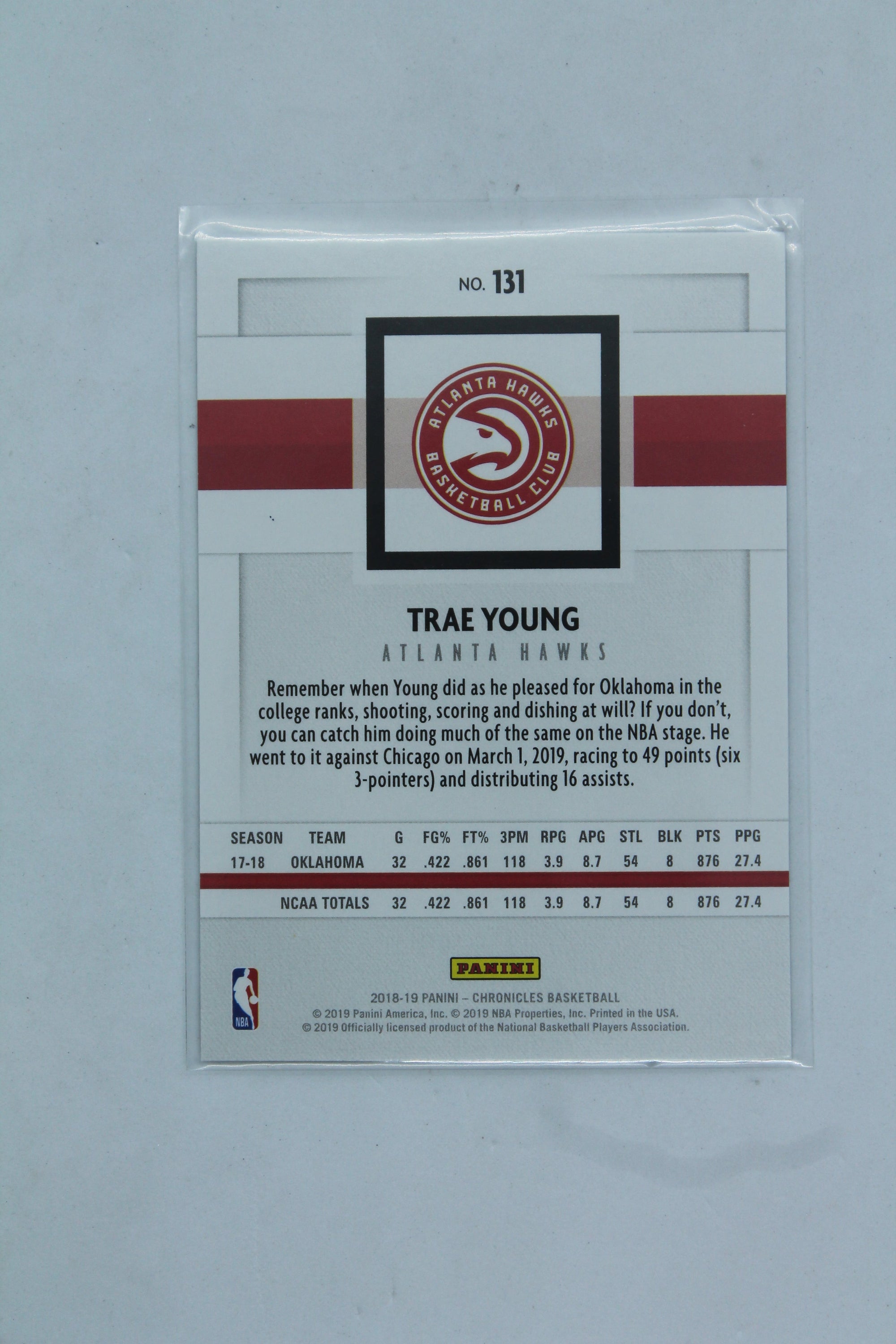 Trae Young 2018-19 Panini Chronicles Panini Rookie Card