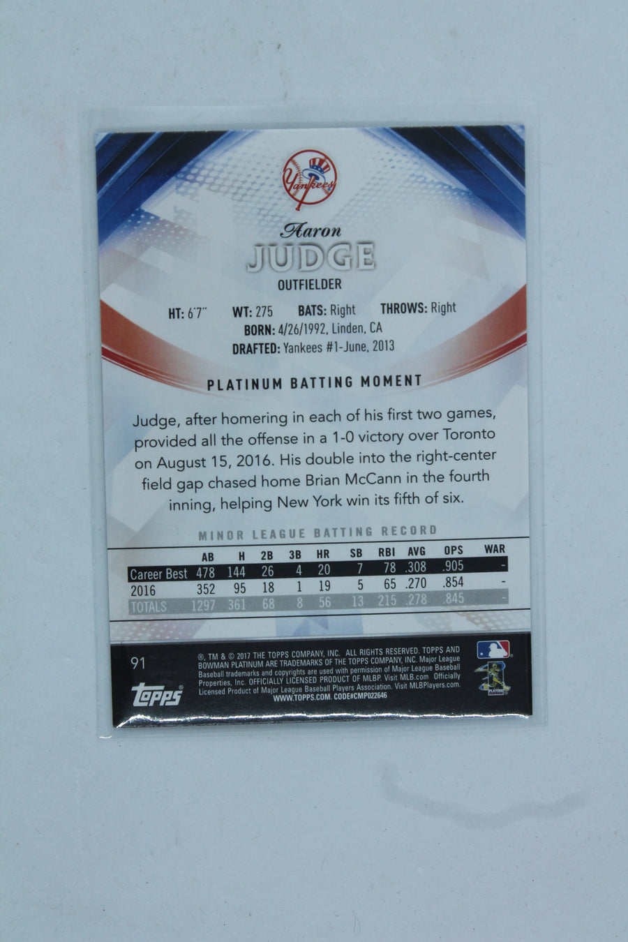 Aaron Judge 2017 Bowman Platinum Rookie Card