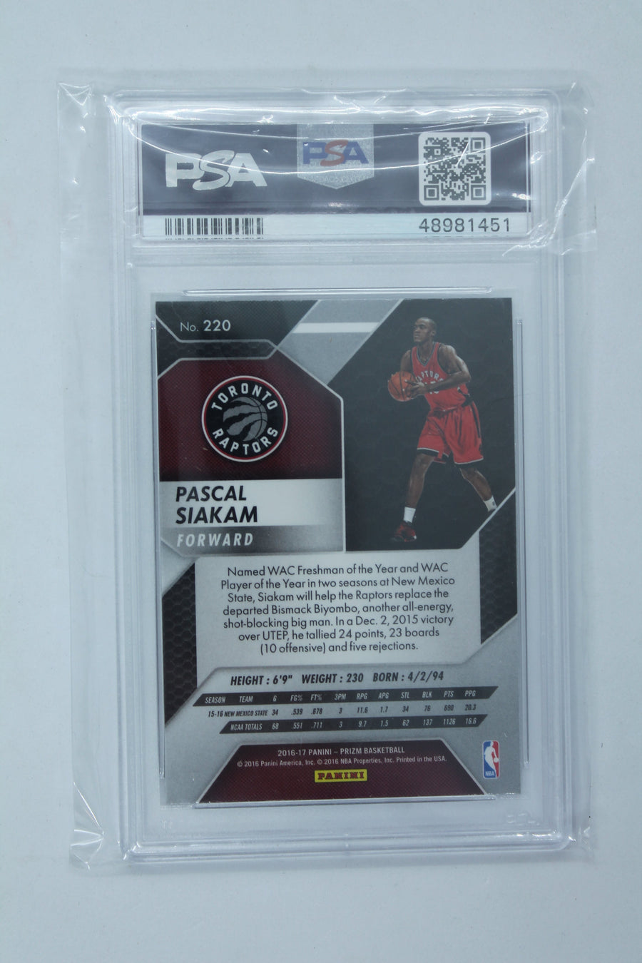 Pascal Siakam 2016 Panini Prizm Graded Rookie Card PSA Mint 8