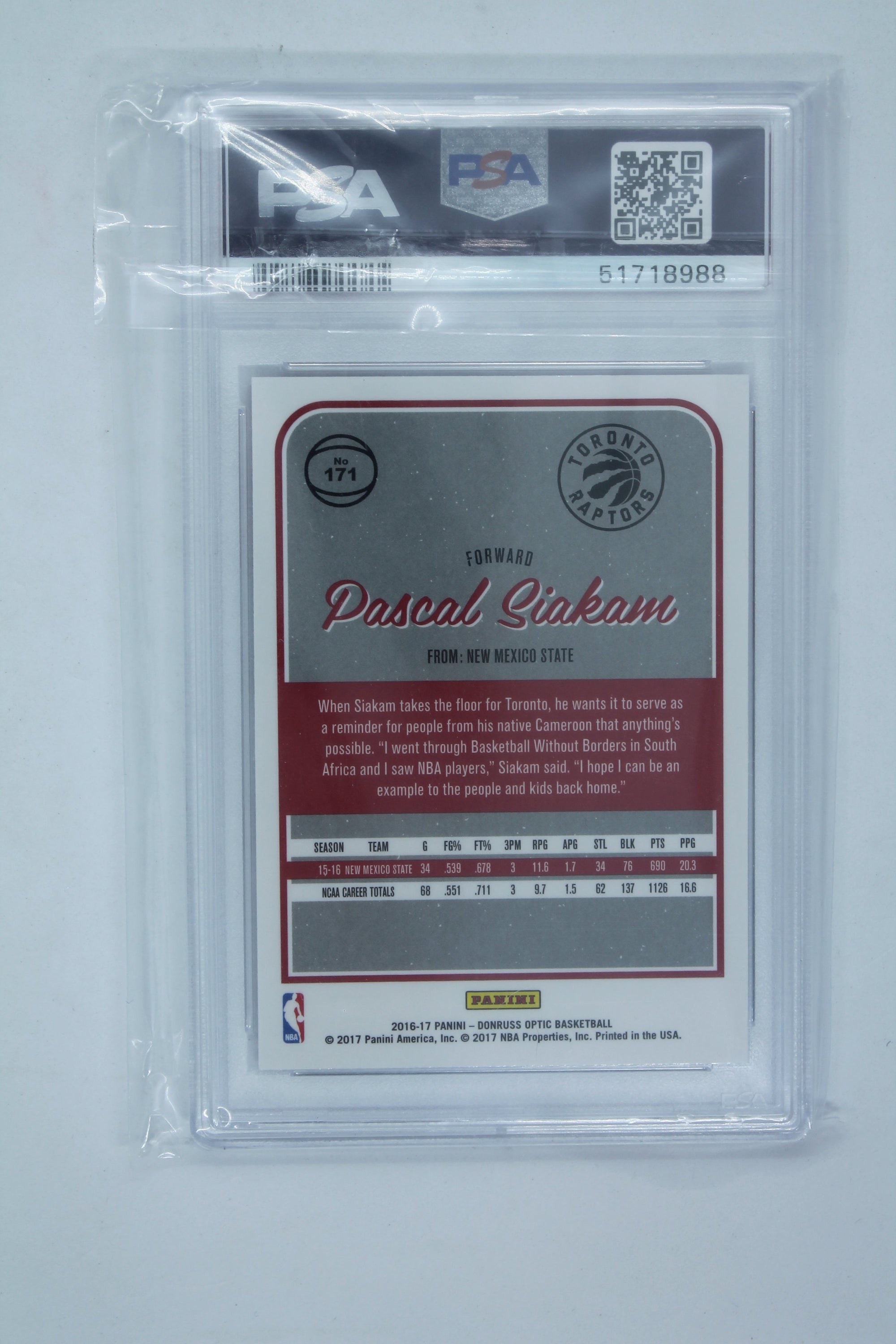 Pascal Siakam 2016 Panini Donruss Optic Graded Rookie Card PSA 9