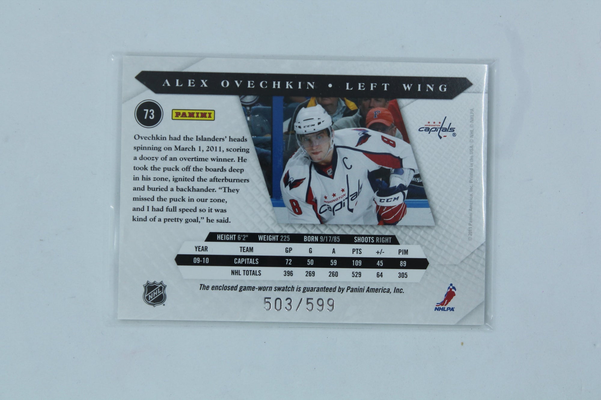 Alex Ovechkin 2010-11 Panini Luxury Suite Jersey Card #503/599
