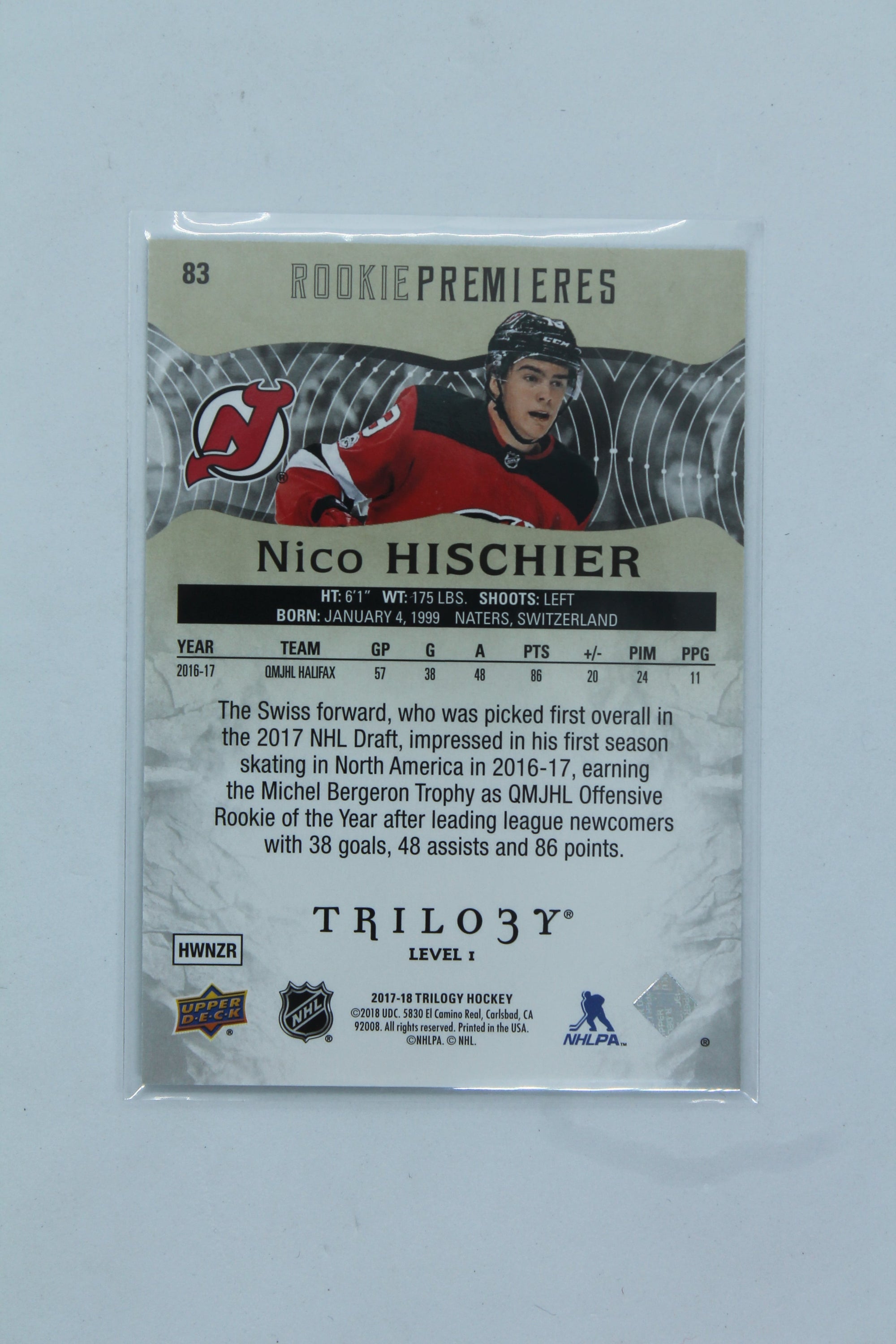 Nico Hischier 2017-18 Upper Deck Trilogy - Rookie Premieres Level 1 RC - #347/999