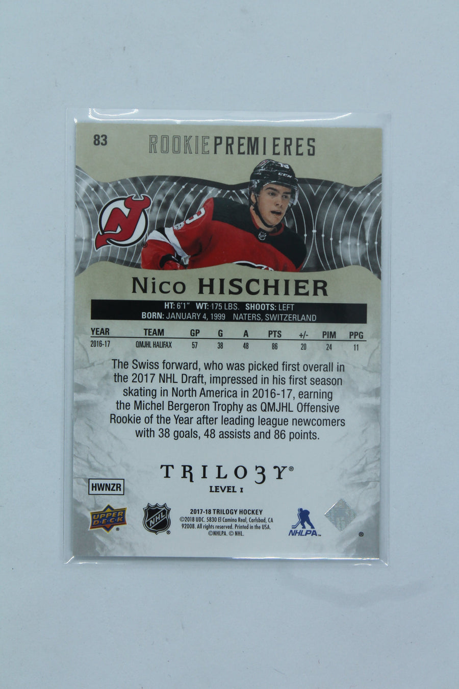 Nico Hischier 2017-18 Upper Deck Trilogy - Rookie Premieres Level 1 RC - #347/999
