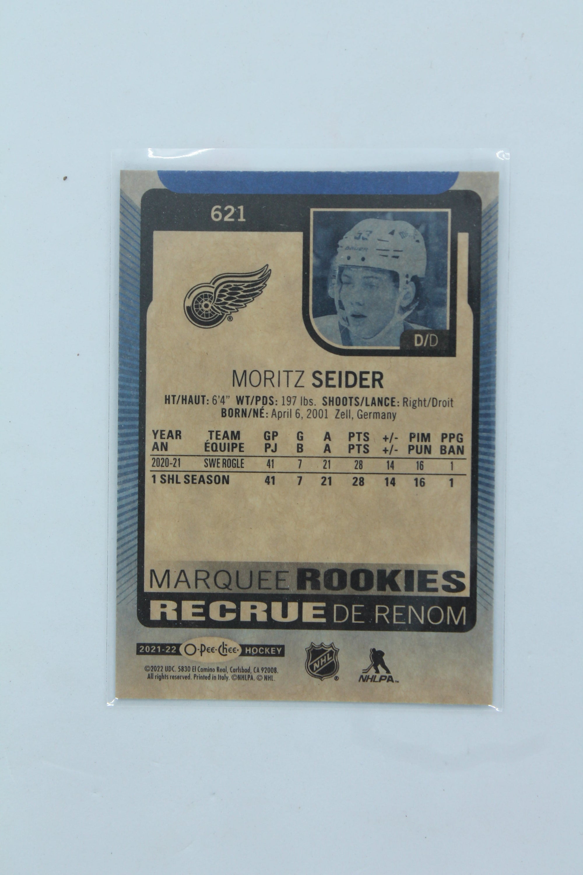Moritz Seider 2021-22 Upper Deck Series 2 - O-Pee-Chee Update - Blue Border #621 Marquee Rookies - Rookie Year