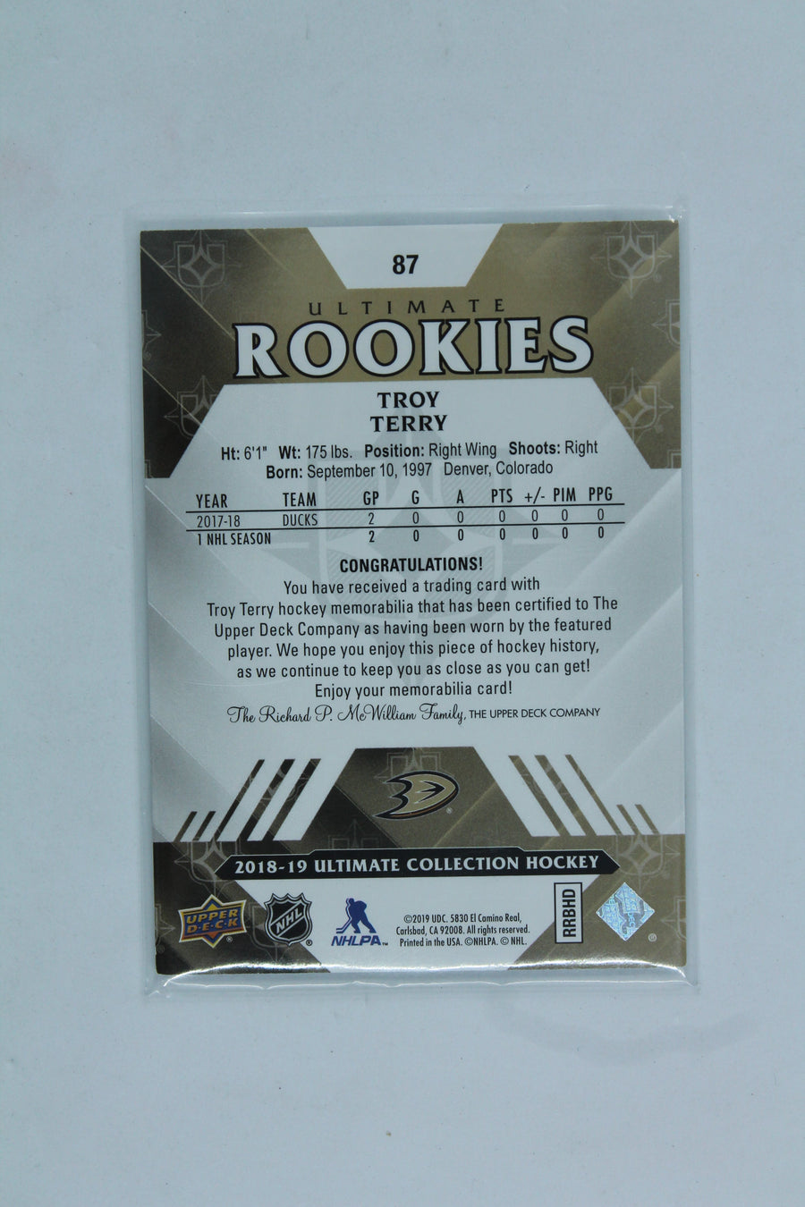 Troy Terry 2018-19 UD Ultimate Collection - Jerseys #87 Ultimate Rookies - #366/399 - RC