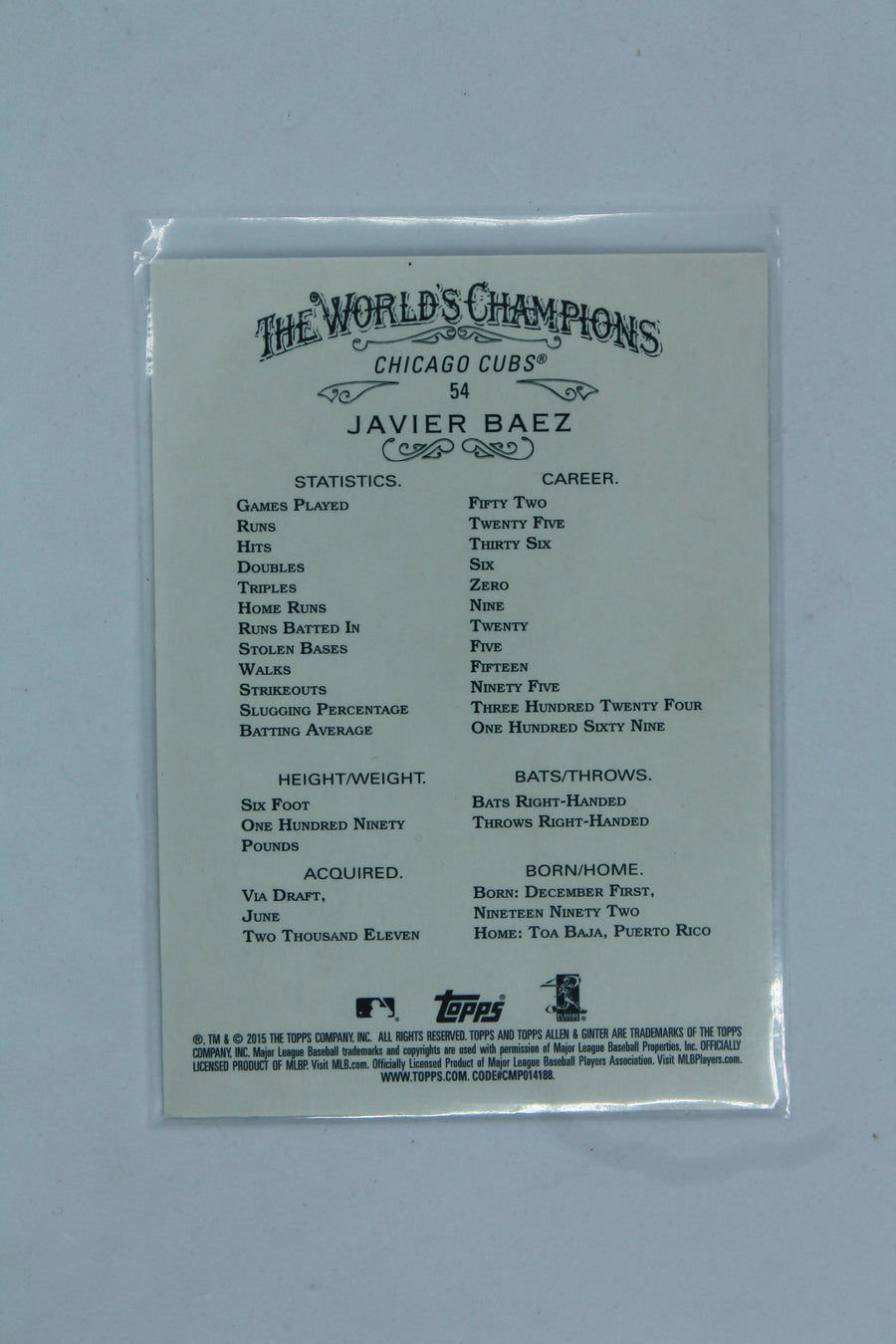 Javier Baez 2015 Topps Allen & Ginter's Rookie Card