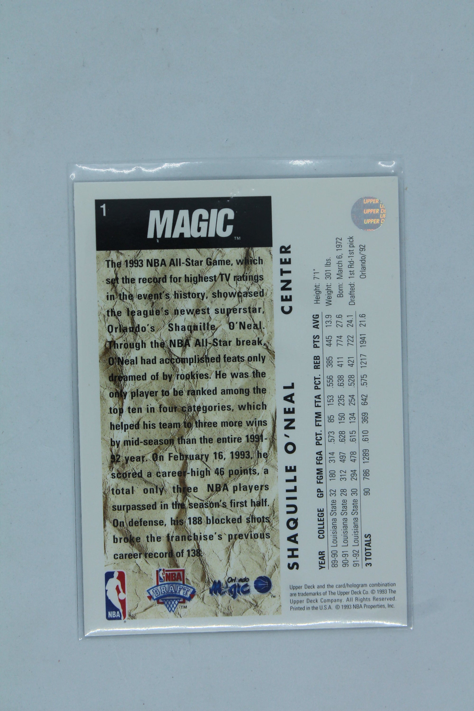 Shaquille O'Neal Upper Deck Trade Card Rookie Card #1