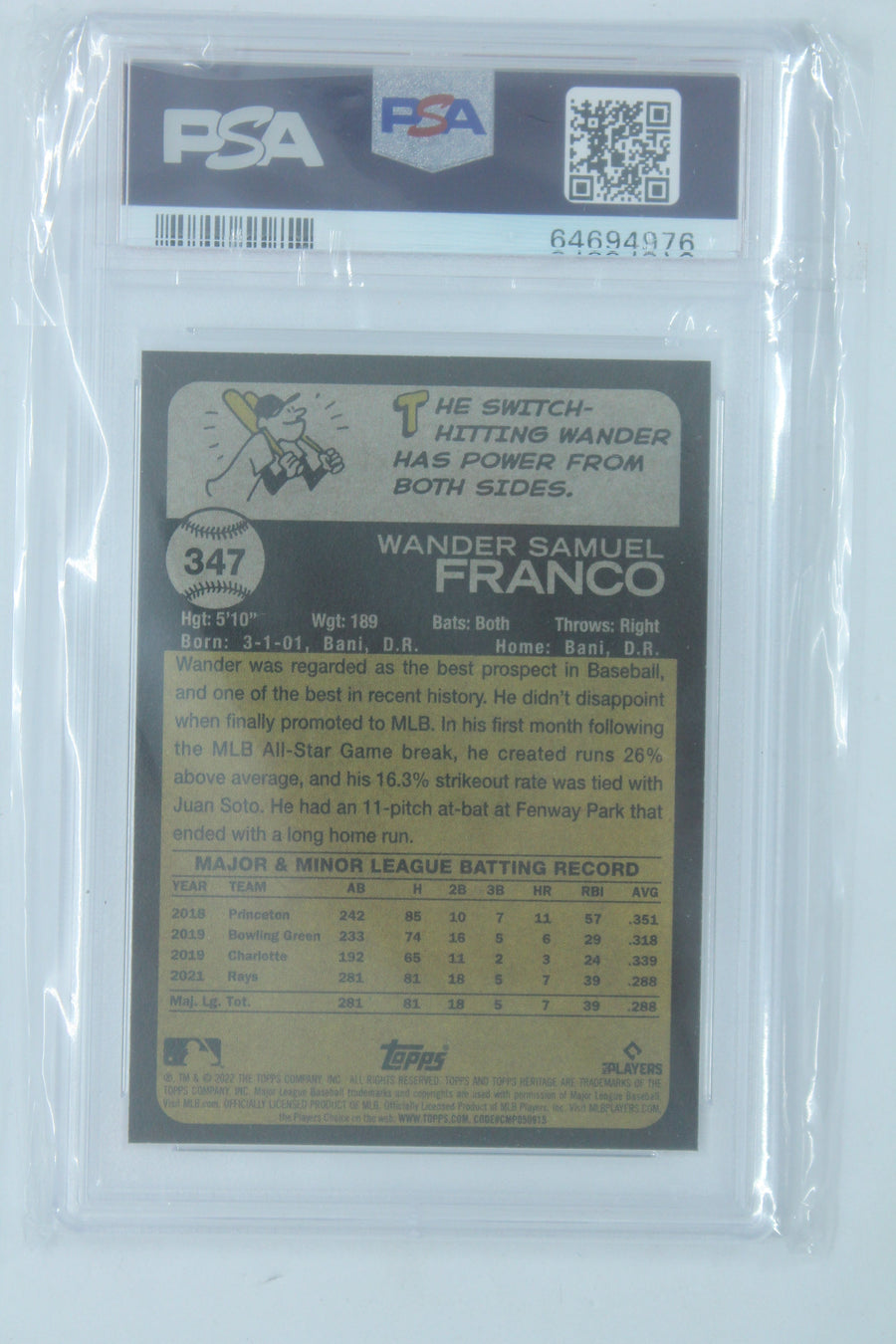 Wander Franco 2022 Topps Heritage Rookie Card PSA Mint 9