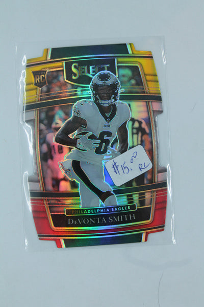 DeVonta Smith 2021 Panini Select Red and Yellow Prizm Die-Cut Rookie Card