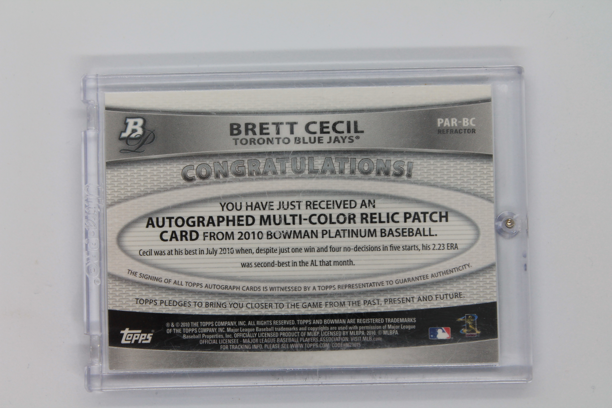Brett Cecil 2010 Bowman Platinum - Autographed Relic Refractor #PAR-BC #095/740