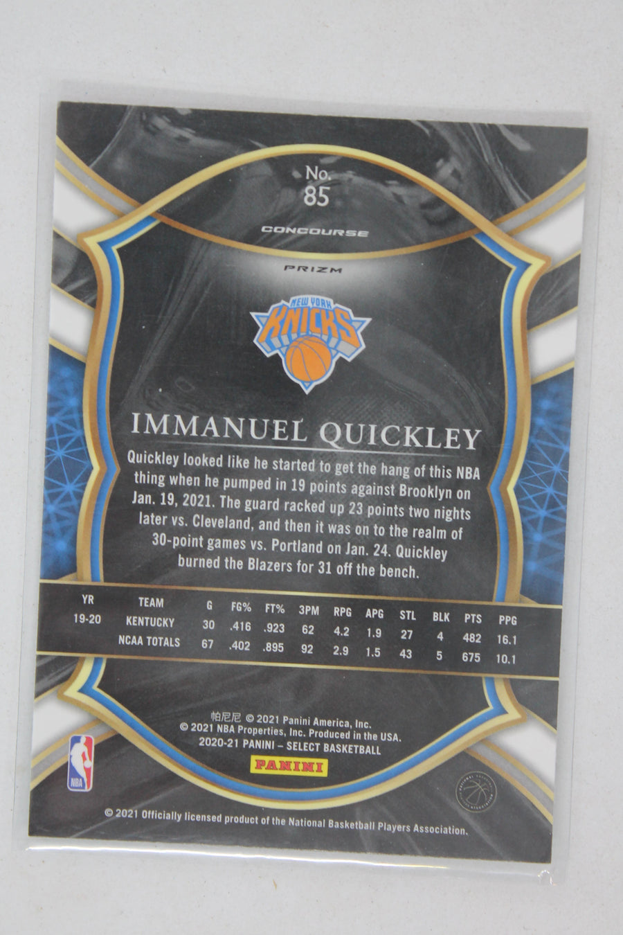Immanuel Quickley 2020-21 Panini Select - Red White Green Cracked Ice Prizm Concourse - Rookie Card