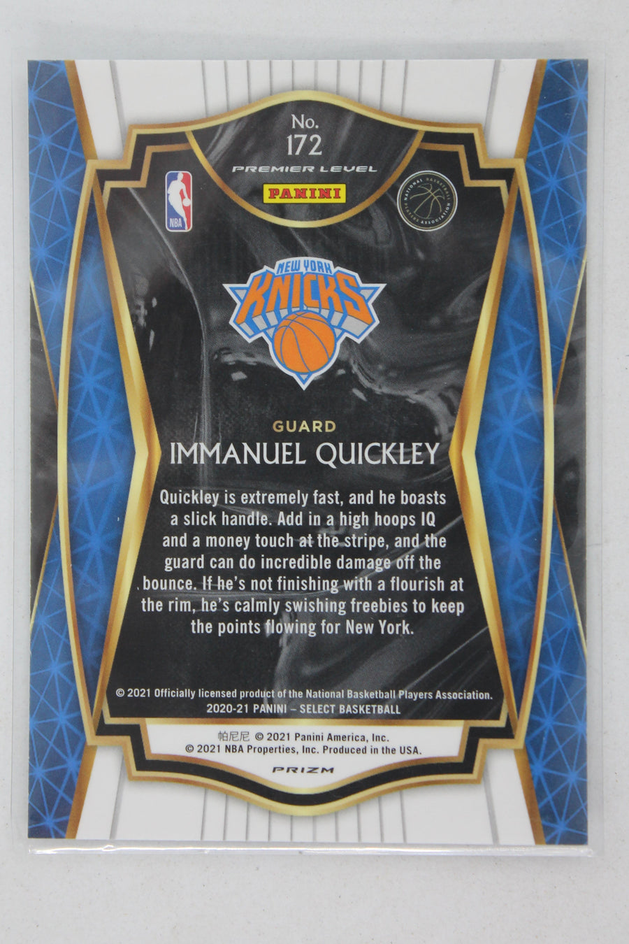 Immanuel Quickley 2020-21 Panini Select - Green White Purple Prizm #172 Premier Level Rookie Card