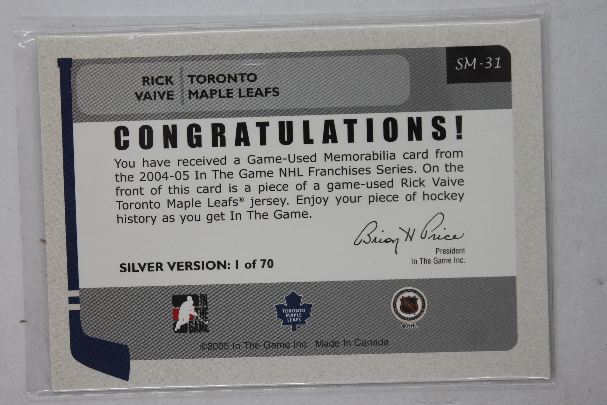 Rick Vaive 2004-05 In The Game Franchises Canadian Rick Vaive Silver Jersey Card "1 of 70"