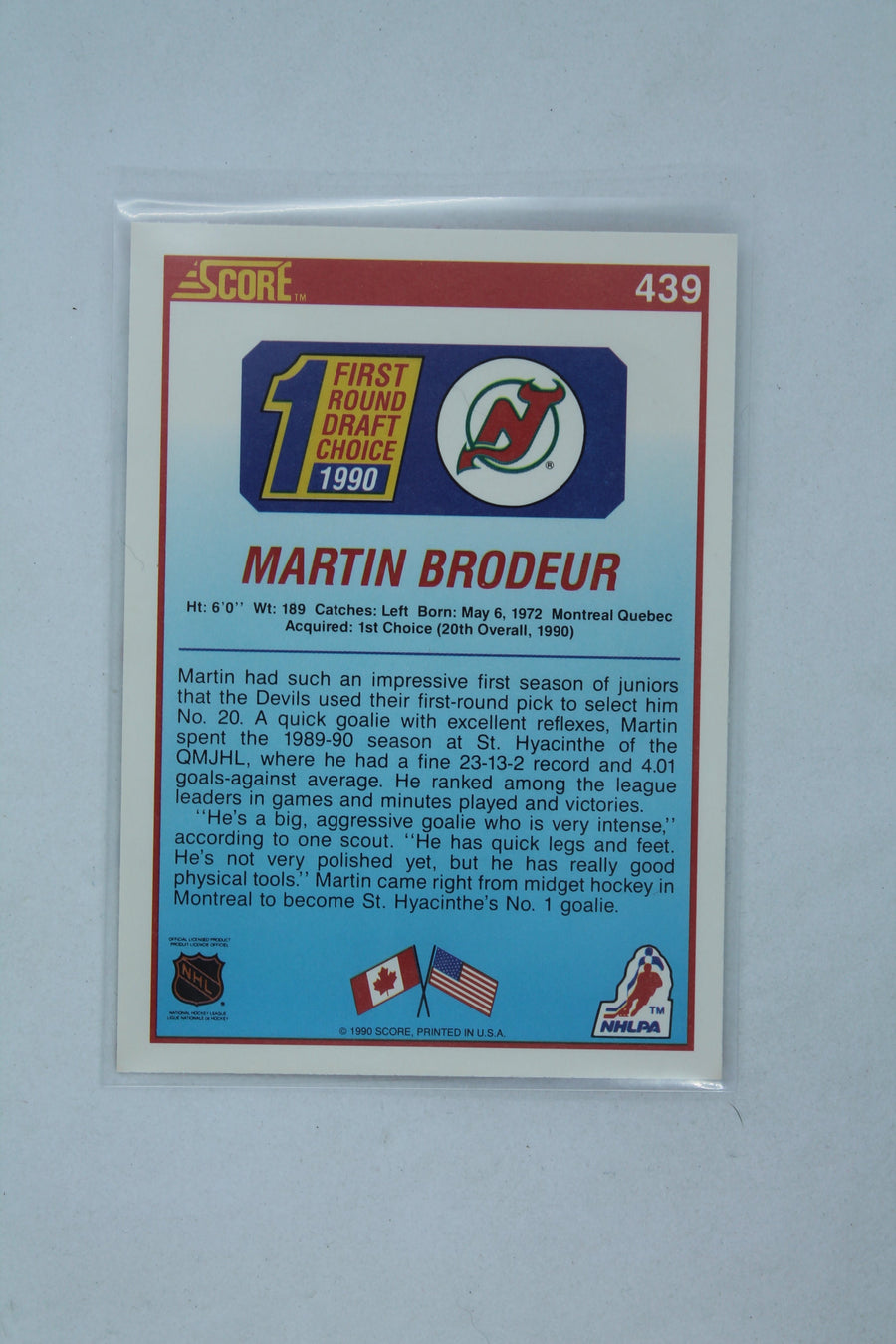 Martin Brodeur 1990-91 Score American- First Round Draft Choice Rookie Card