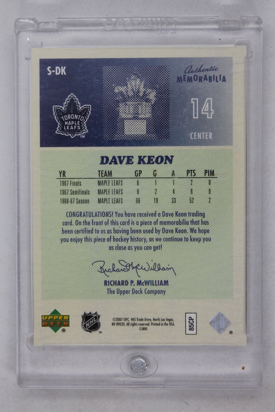 Dave Keon 2006-07 Upper Deck - 67 Maple Leafs Game-Used Stick Card