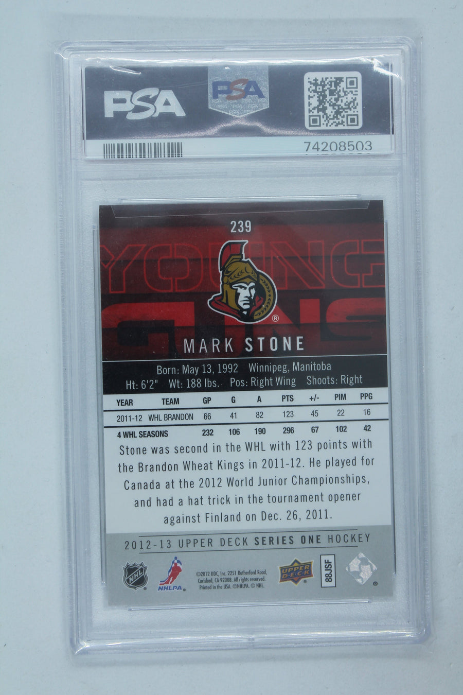 2012-13 Upper Deck Hockey Mark Stone Young Guns RC #239 PSA 9 - MINT