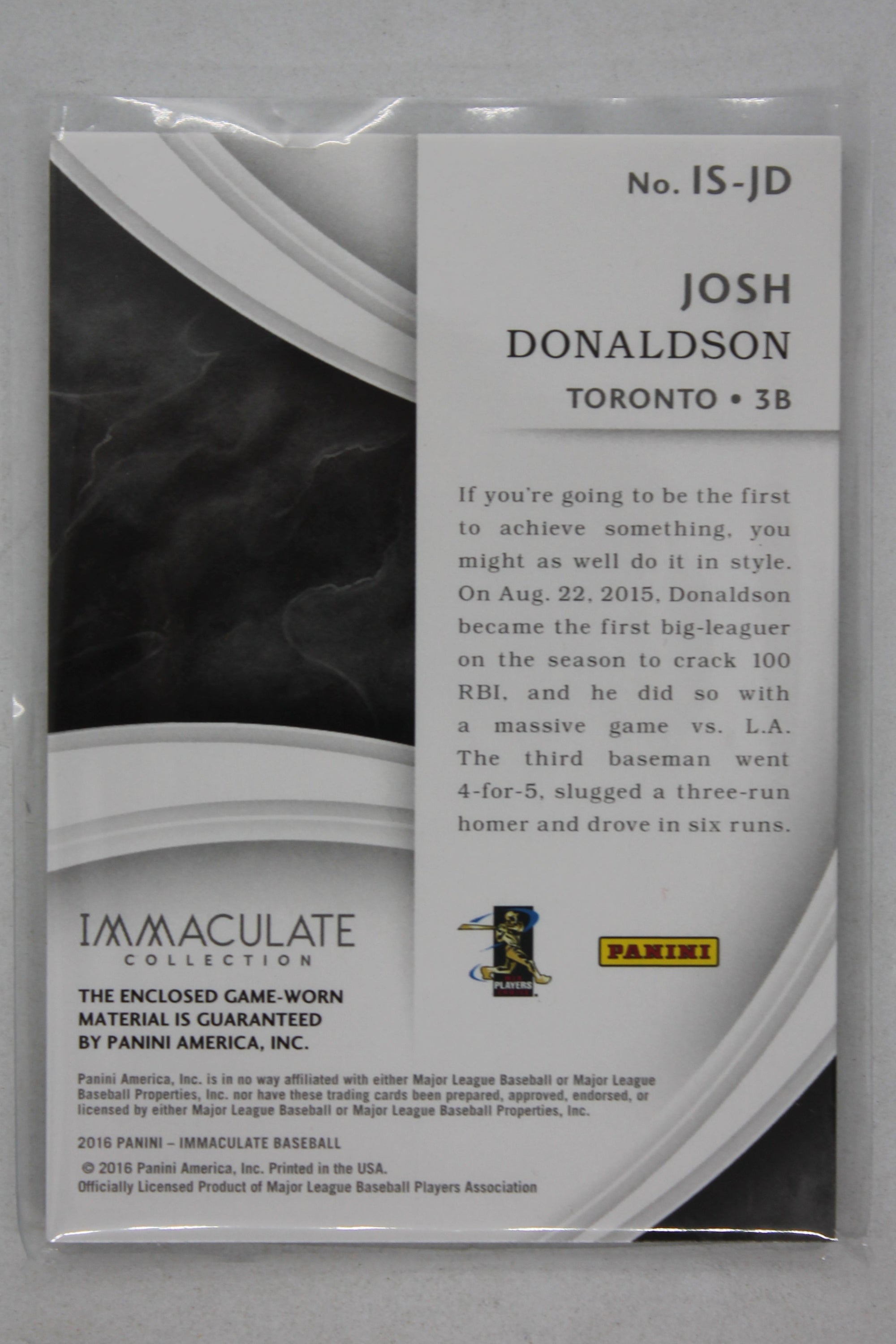 Josh Donaldson 2016 Panini Immaculate Collection - Immaculate Swatches #IS-JD Jersey Card #56/99