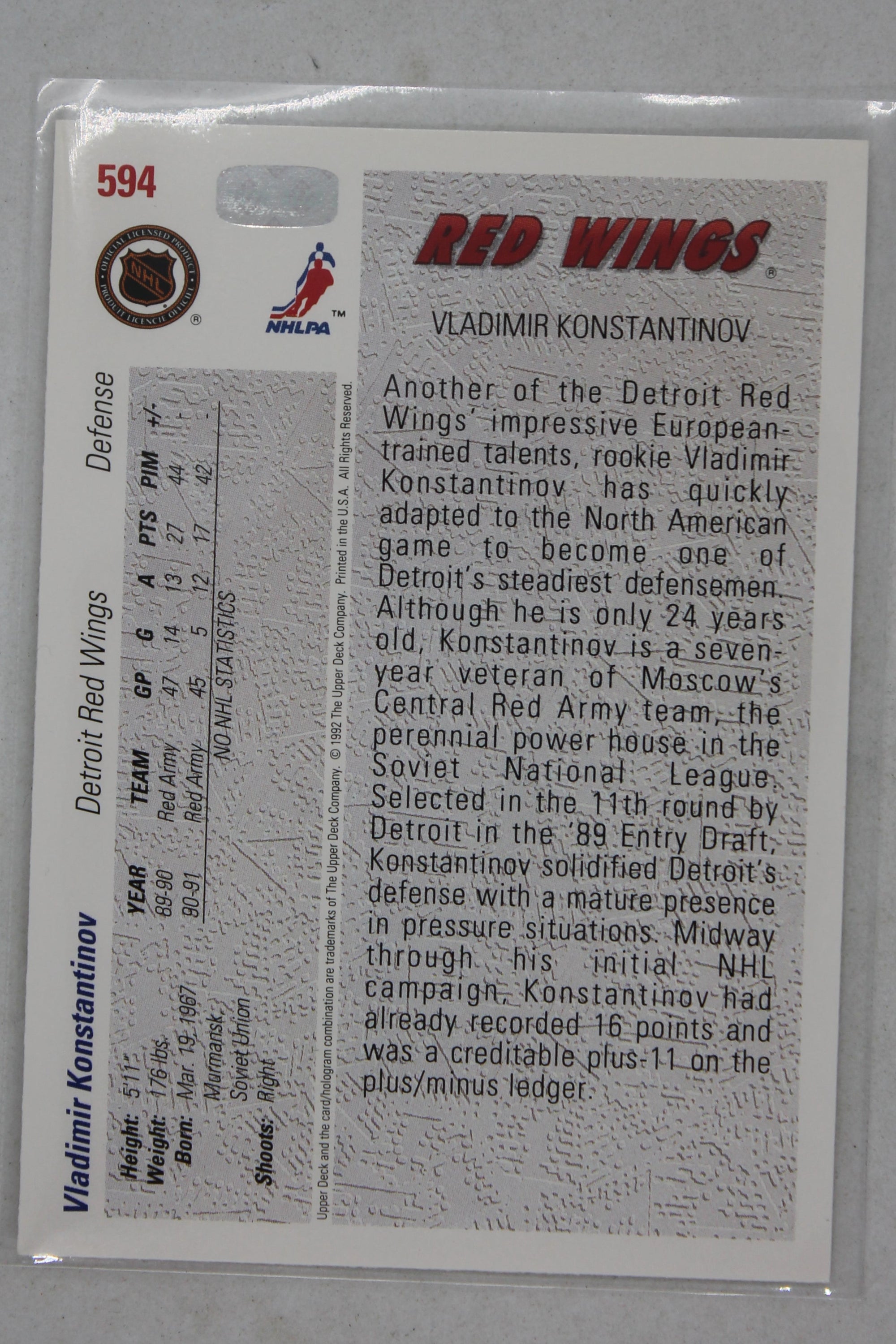 Vladimir Konstantinov 1991-92 Upper Deck Young Guns Rookie Card