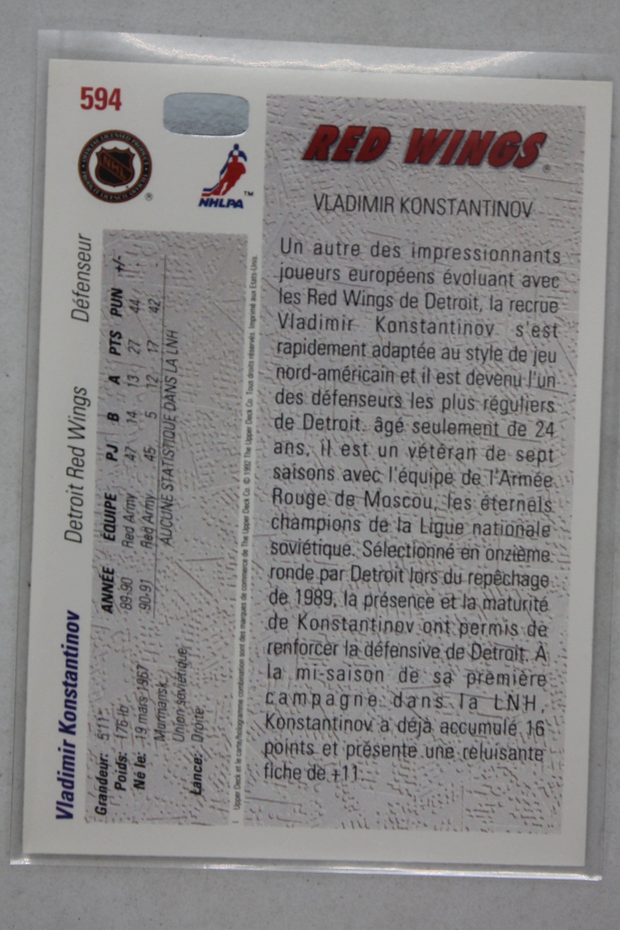 Vladimir Konstantinov 1991-92 Upper Deck Young Guns Rookie Card (French)