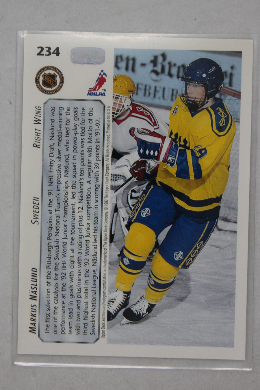 Markus Naslund 1992-93 Upper Deck World Junior Tournament Rookie Year Card