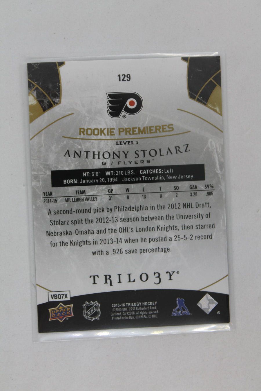 Anthony Stolarz 2015-16 Upper Deck Trilogy - Level 1 - Rookie Premieres -  Rookie Card #219/999