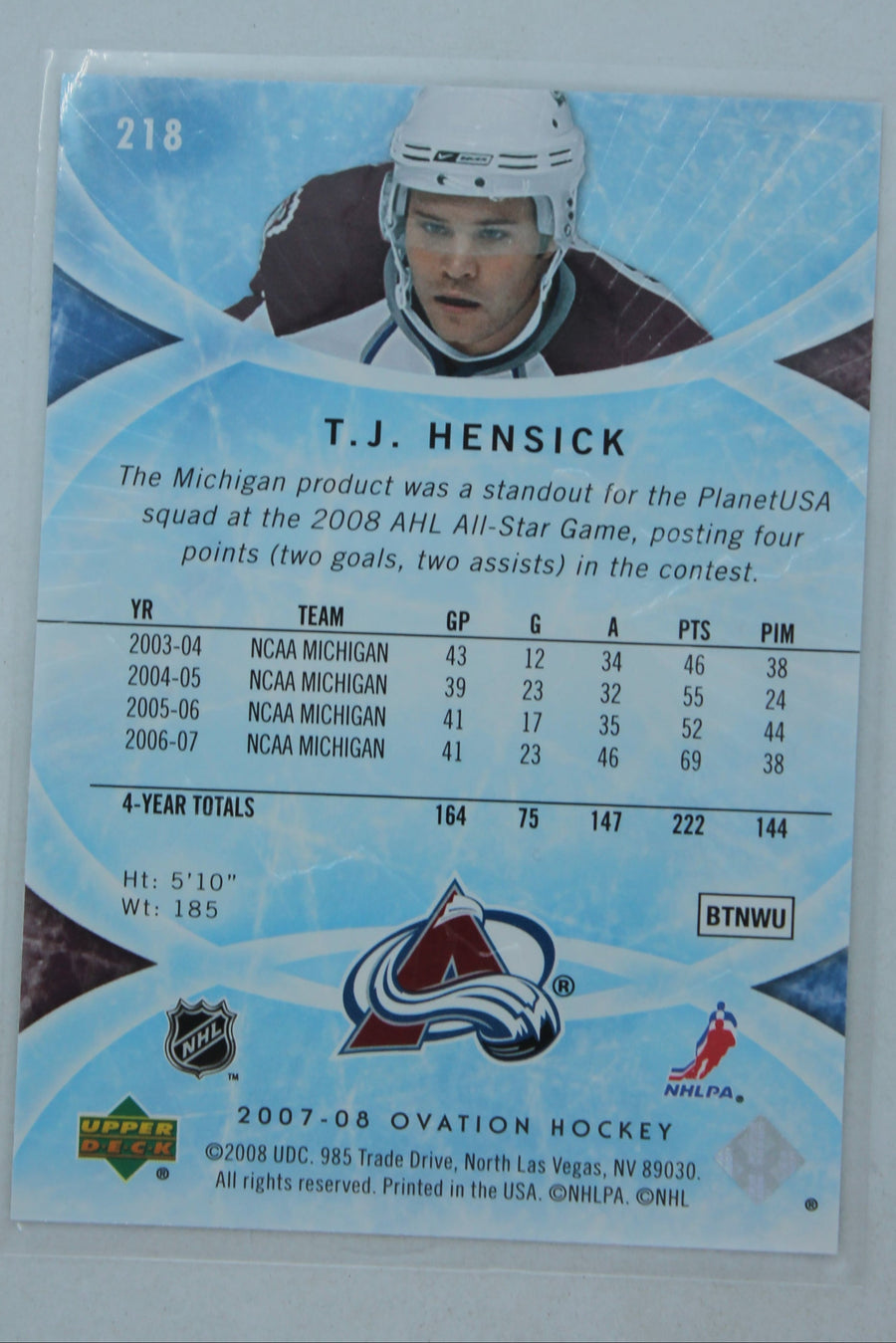 T.J. Hensick 2007-08 Upper Deck Ovation Rookie Card