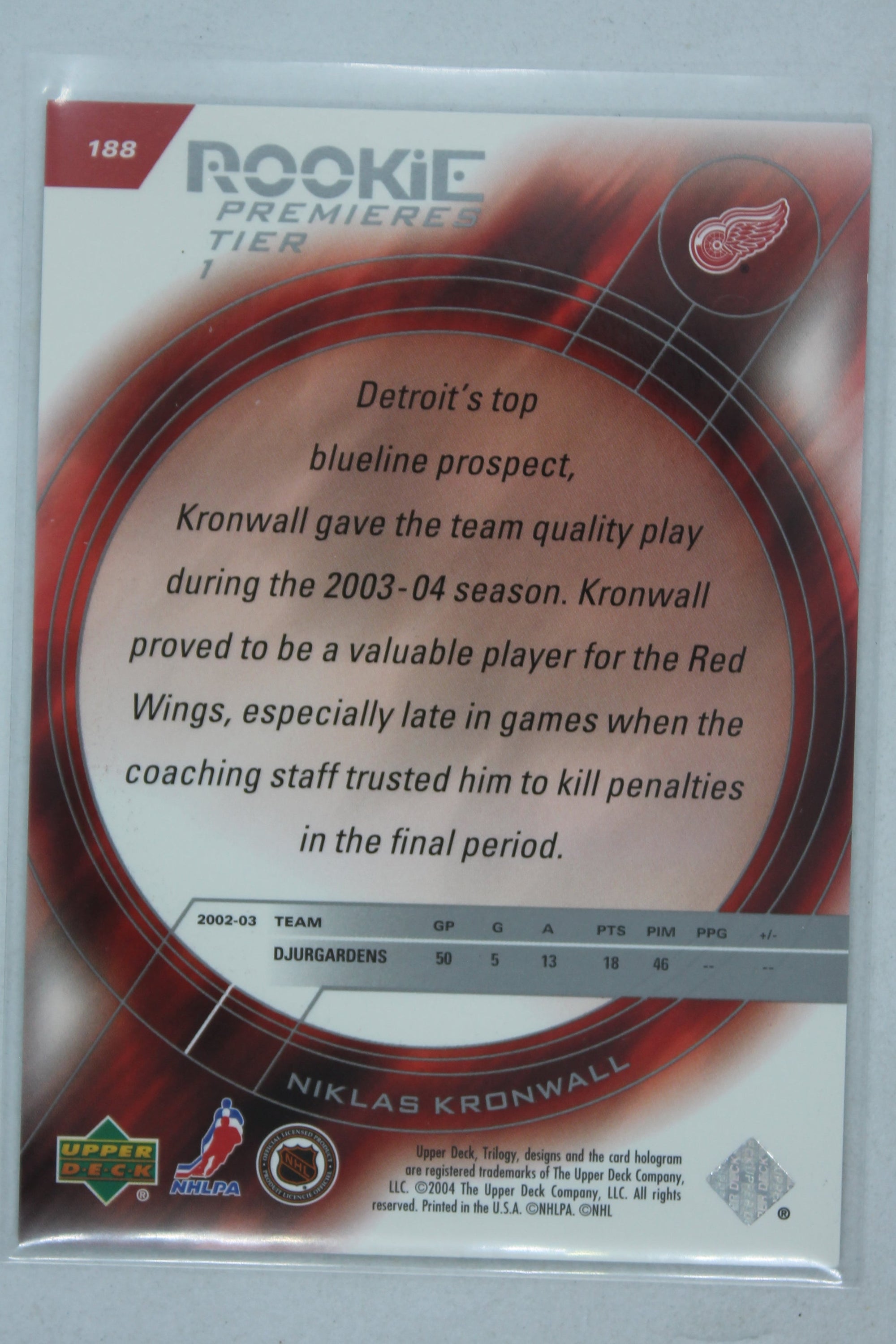 Niklas Kronwall 2003-04 Upper Deck Trilogy - Rookie Premieres Tier 1 -  #261/999 Rookie Card