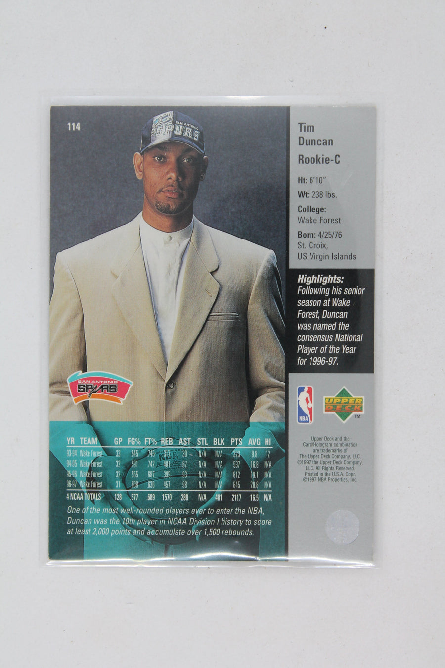 Tim Duncan 1997-98 Upper Deck Rookie Card