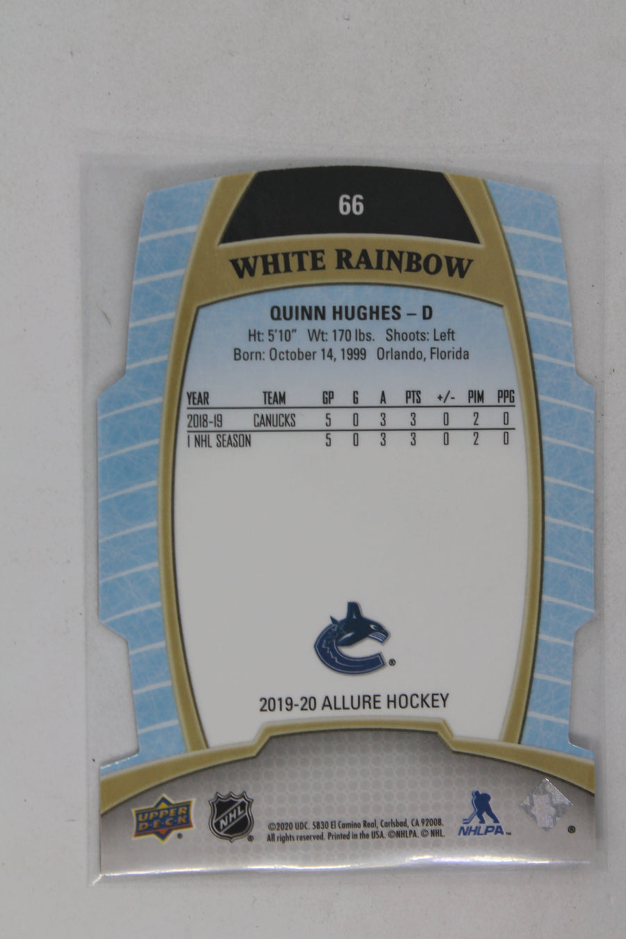 Quinn Hughes 2019-20 Upper Deck Allure White Rainbow Rookies Rookie Card