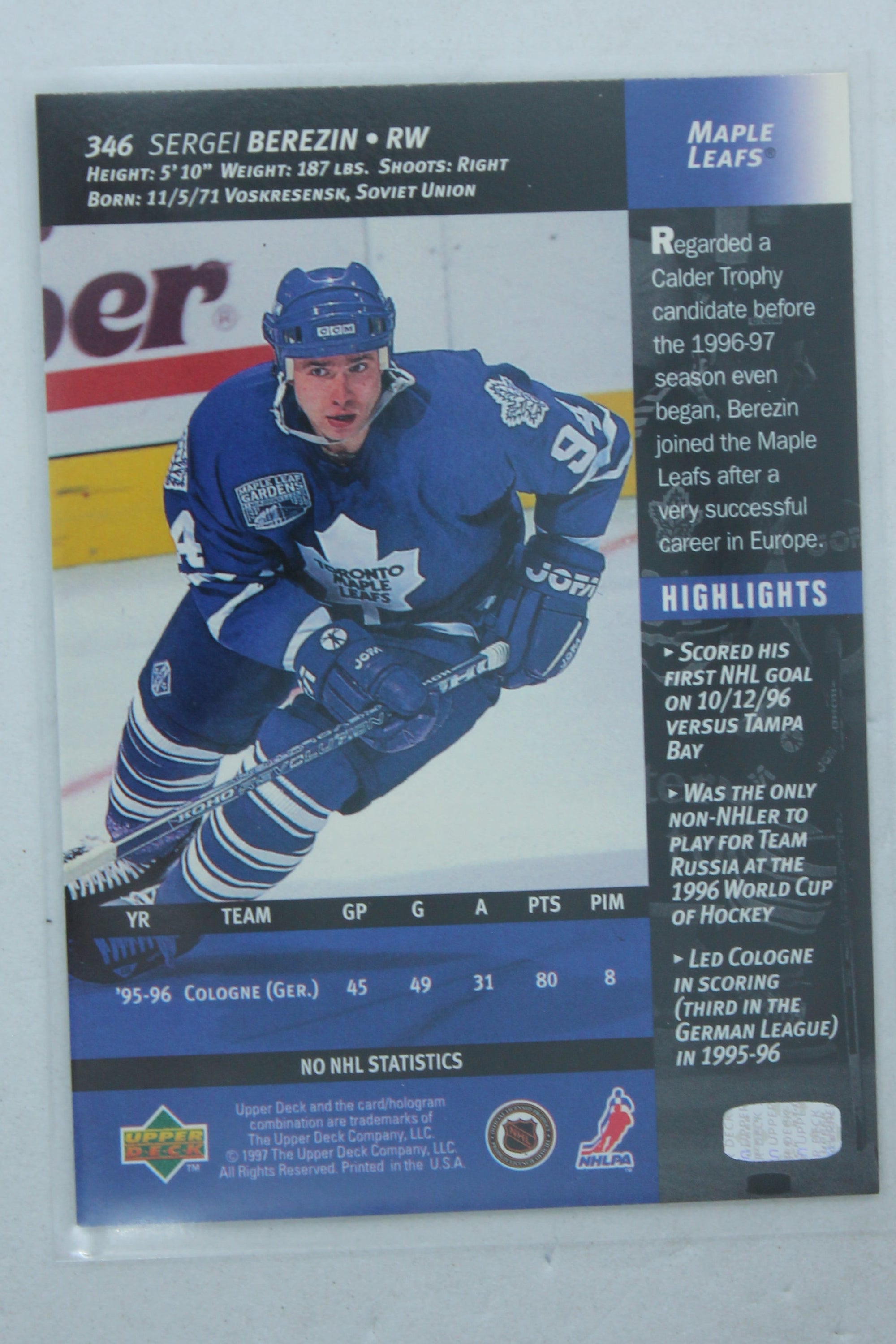 Sergei Berezin 1996-97 Upper Deck Rookie Card