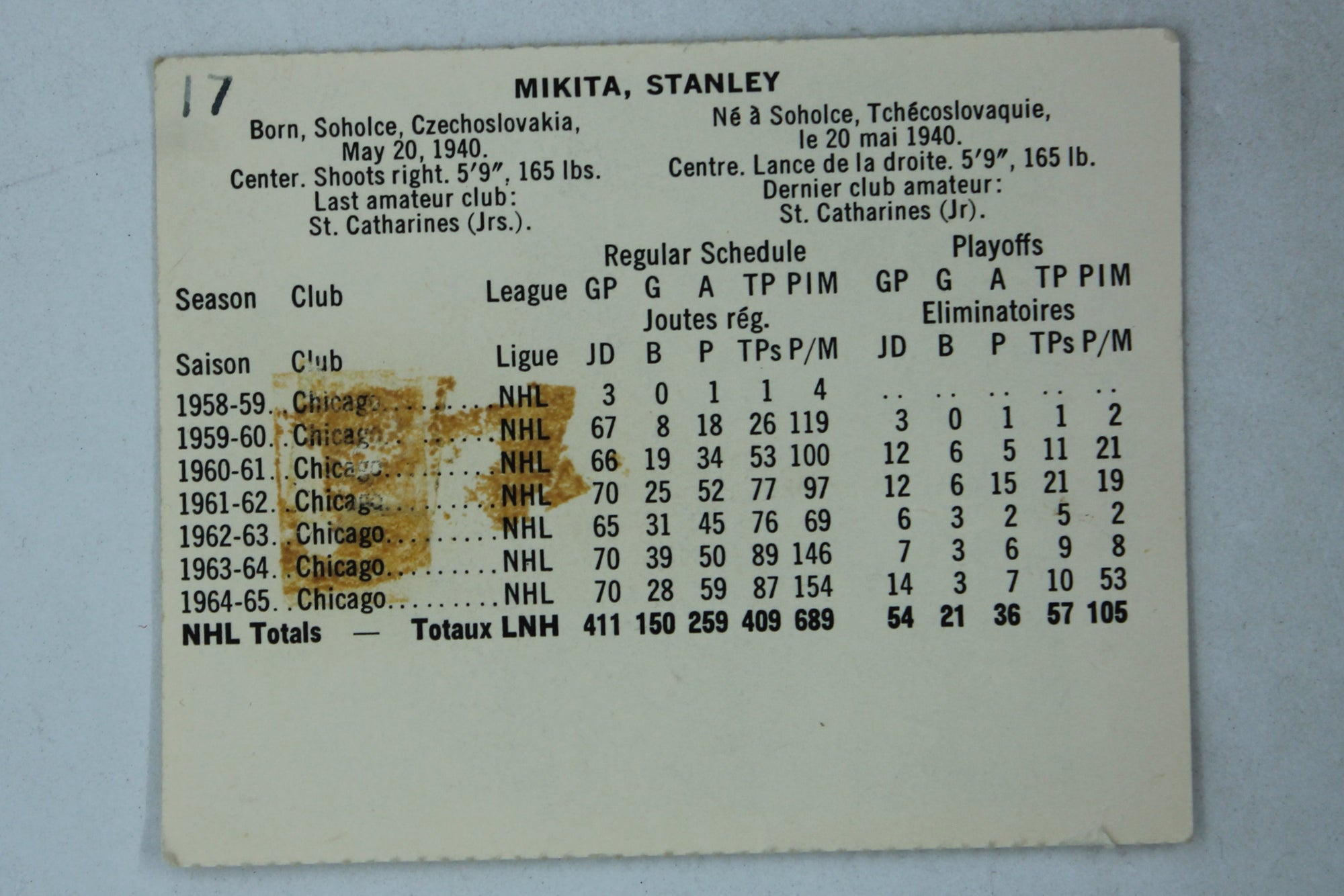 Stan Mikita 1965-66 Coca-Cola Hockey - Chicago Blackhawks - Perforated