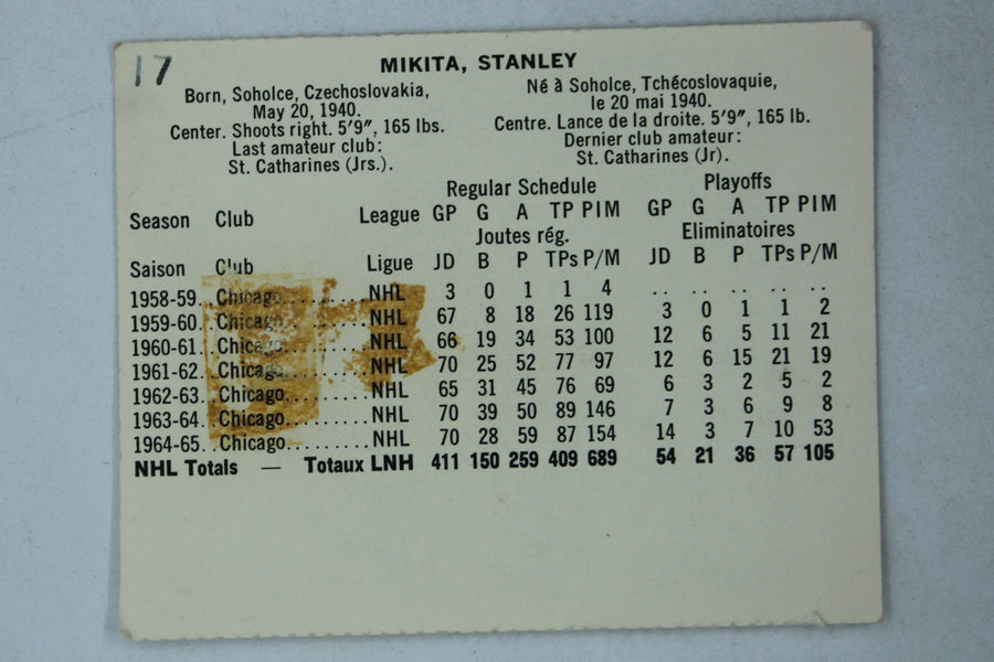 Stan Mikita 1965-66 Coca-Cola Hockey - Chicago Blackhawks - Perforated