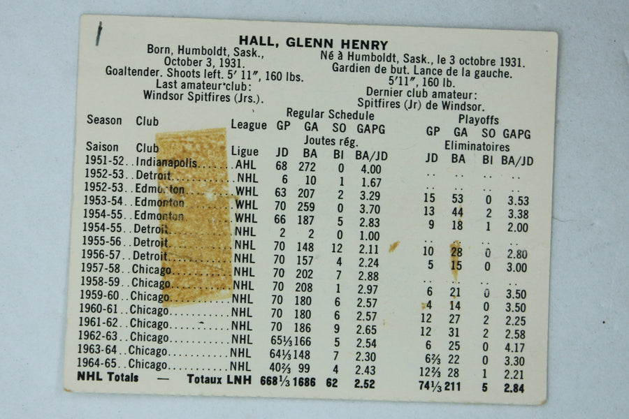 Glen Hall 1965-66 Coca-Cola Hockey - Chicago Blackhawks - Perforated