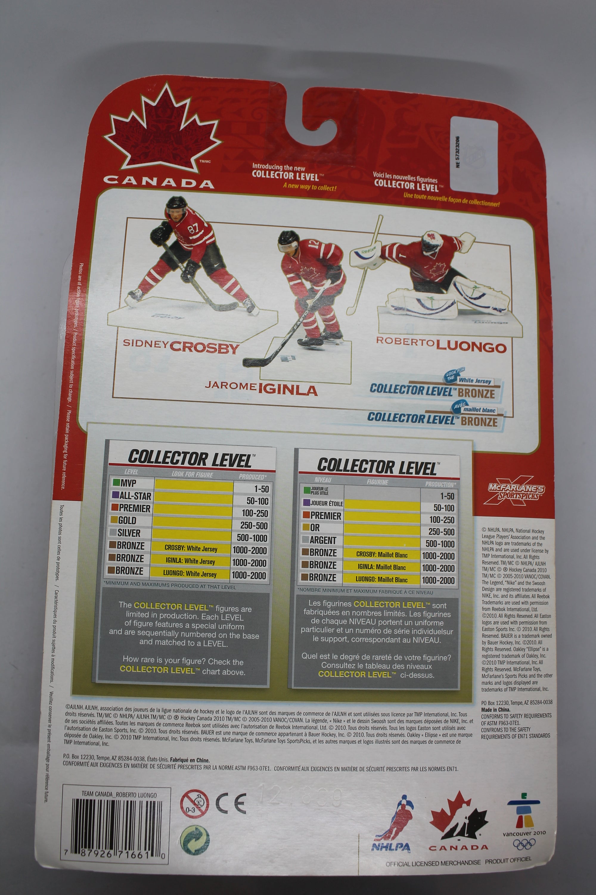 Roberto Luongo Bronze Level McFarlane Toys: Team Canada White Jersey - Cardboard Damage - detached from cardboard