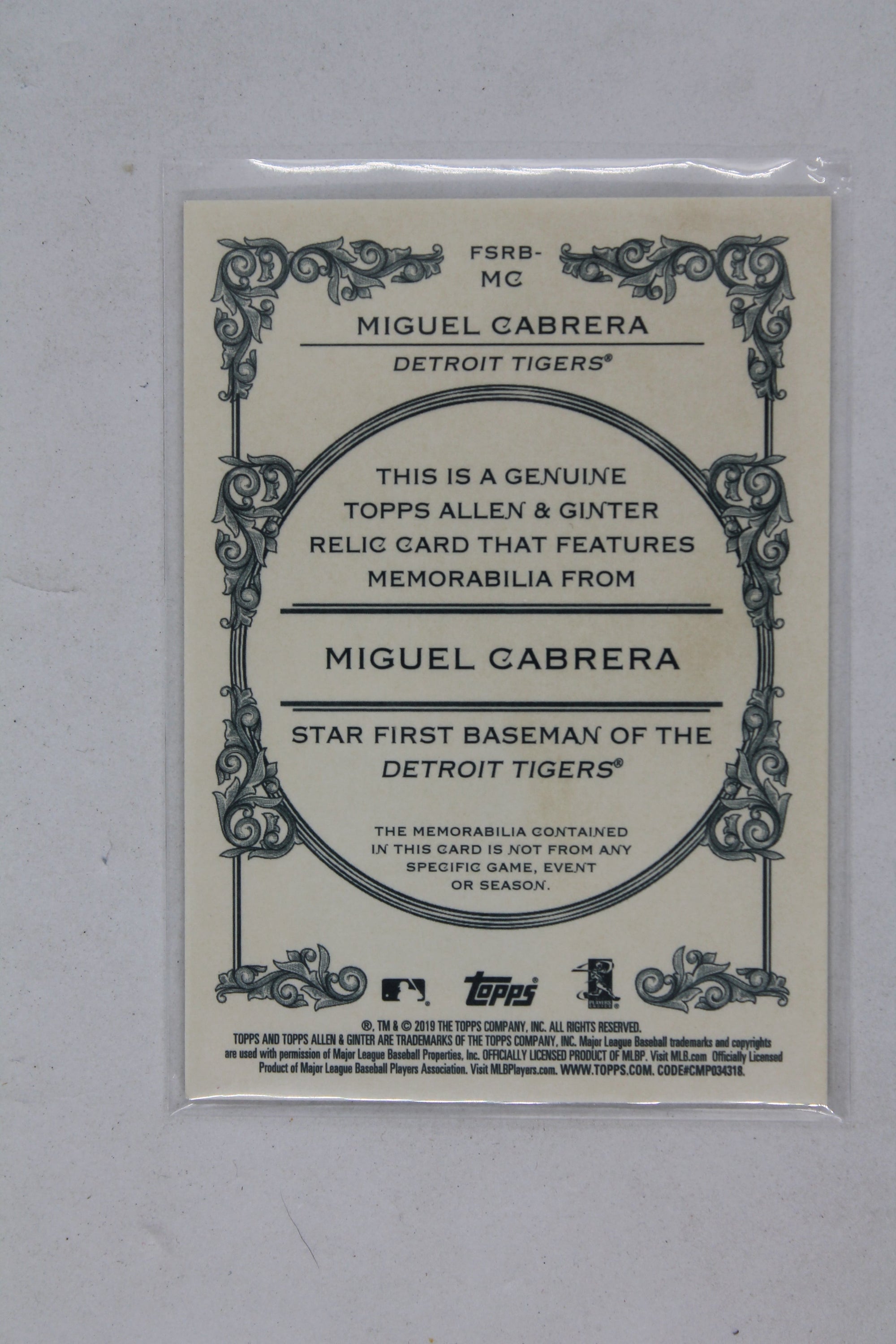 Miguel Cabrera 2019 Topps Allen & Ginter - Relics B #FSRB-MC Jersey Card