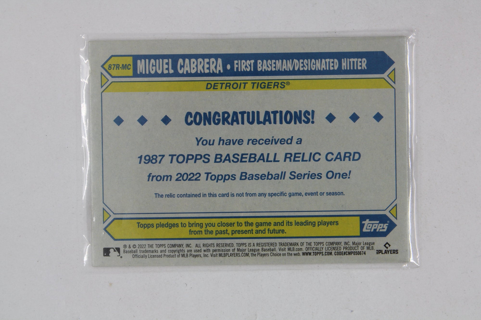 Miguel Cabrera 2022 Topps Series 1 - 1987 Topps Baseball Relics #87R-MC Jersey Card