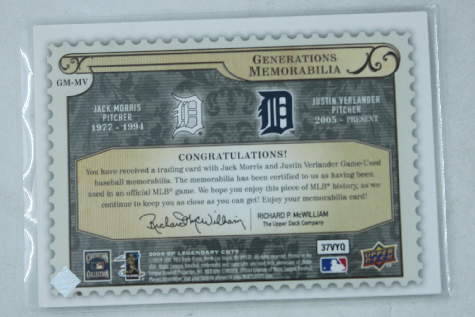 2009 SP Legendary Cuts - Generations Memorabilia #GM-MV Justin Verlander, Jack Morris