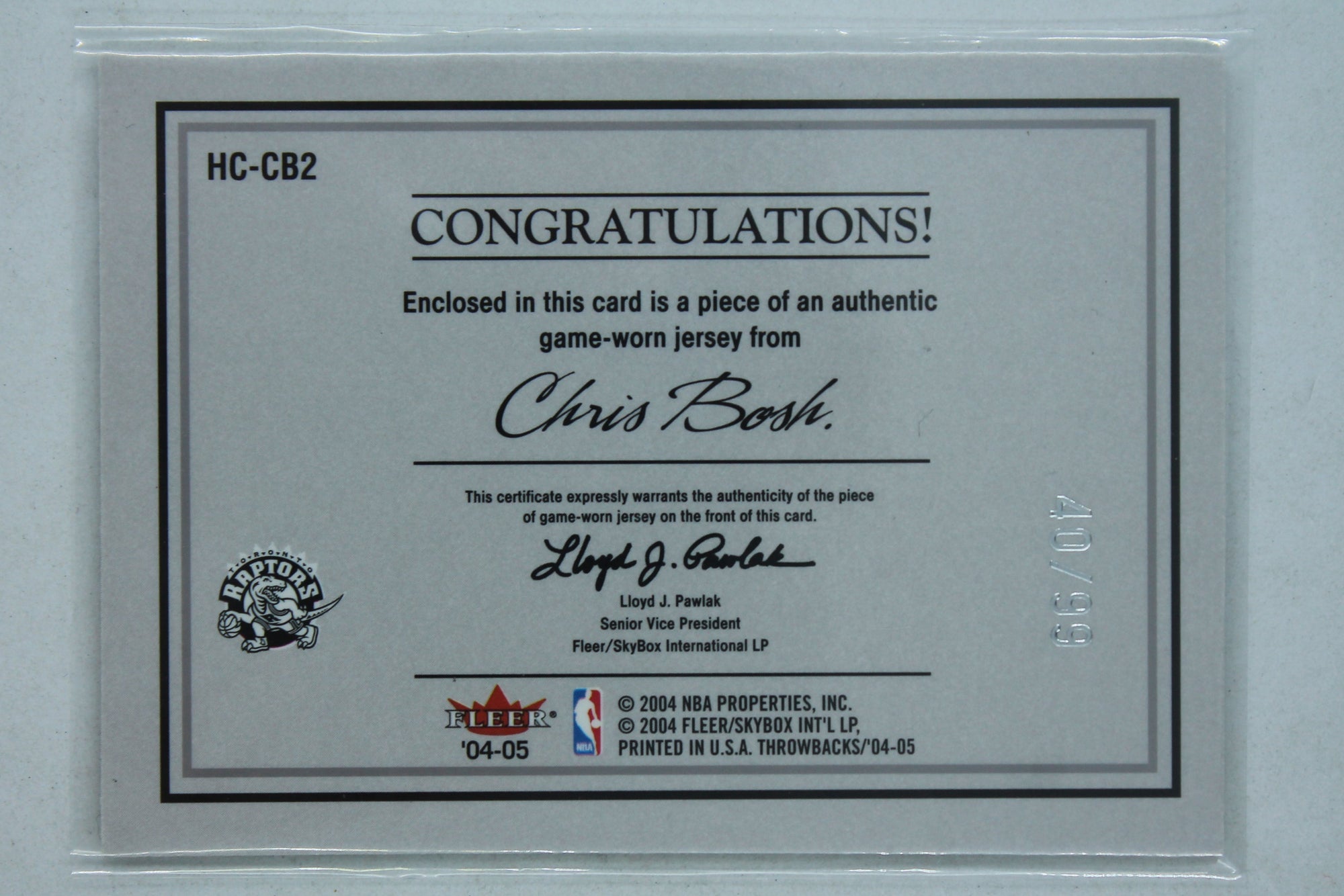Chris Bosh 2004-05 Fleer Throwbacks - Hardwood Classics - Jerseys Jersey Card #40/99