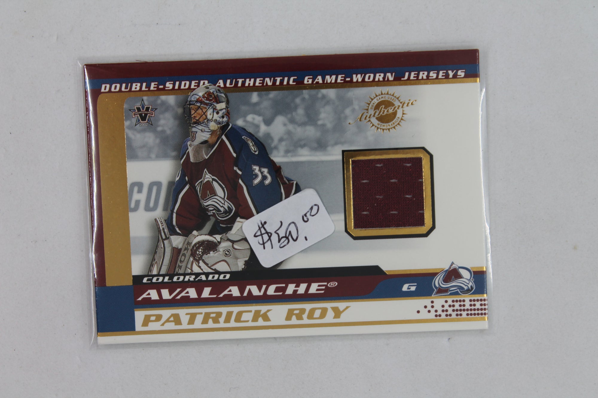 Patrick Roy & Joe Sakic 2001-02 Vanguard Double Sided Game Used Jersey Cards