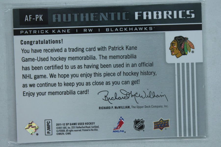 Patrick Kane 2011-12 SP Game Used Edition - Authentic Fabrics - Patch #AF-PK Patrick Kane #060/100 Chicago Blackhawks Jersey Card