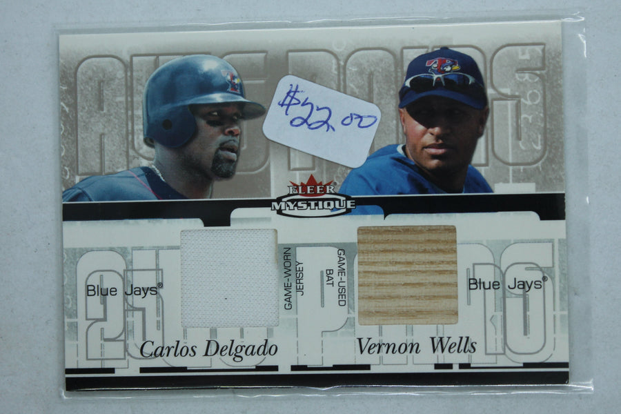 CARLOS DELGADO & VERNON WELLS 2003 FLEER MYSTIQUE GAME USED JERSEY / BAT CARD