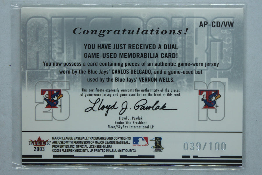 CARLOS DELGADO & VERNON WELLS 2003 FLEER MYSTIQUE GAME USED JERSEY / BAT CARD
