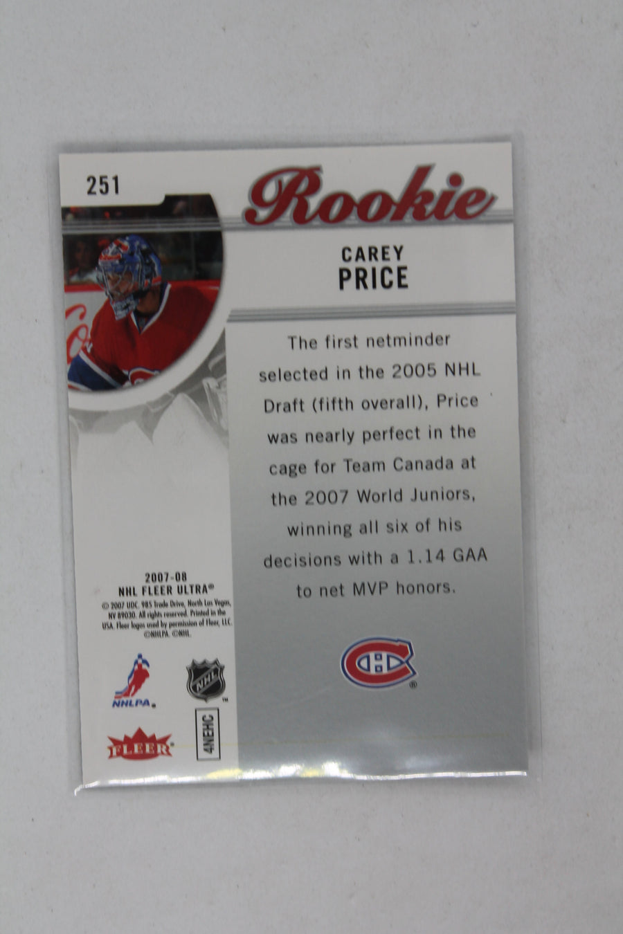Carey Price Fleer Ultra Rookie Card