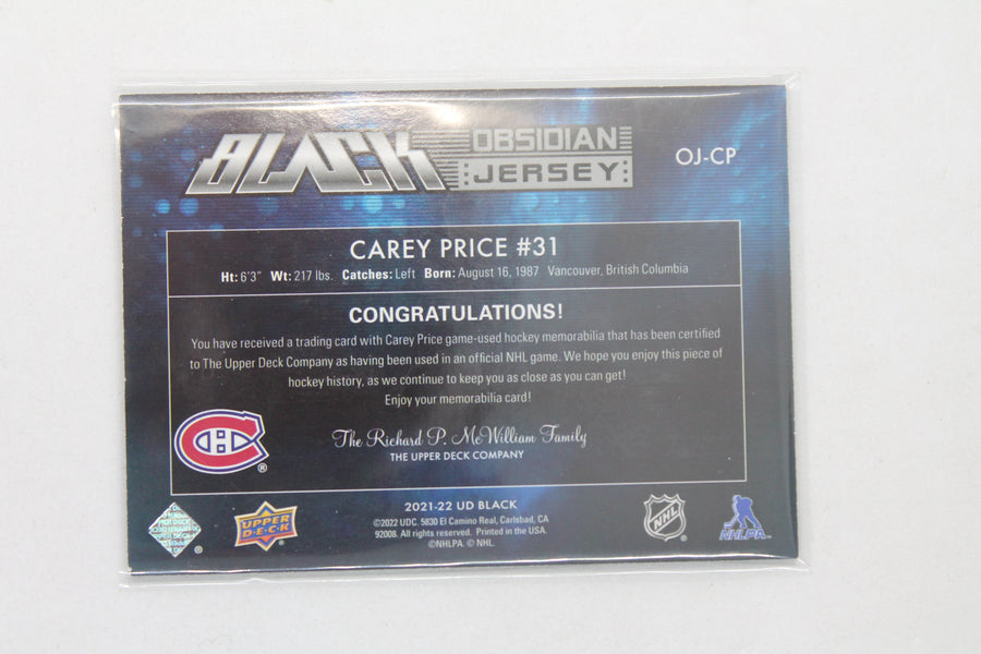 Carey Price 2021-22 SPx UD Black Obsidian Jersey #OJ-CP Jersey Card #202/249