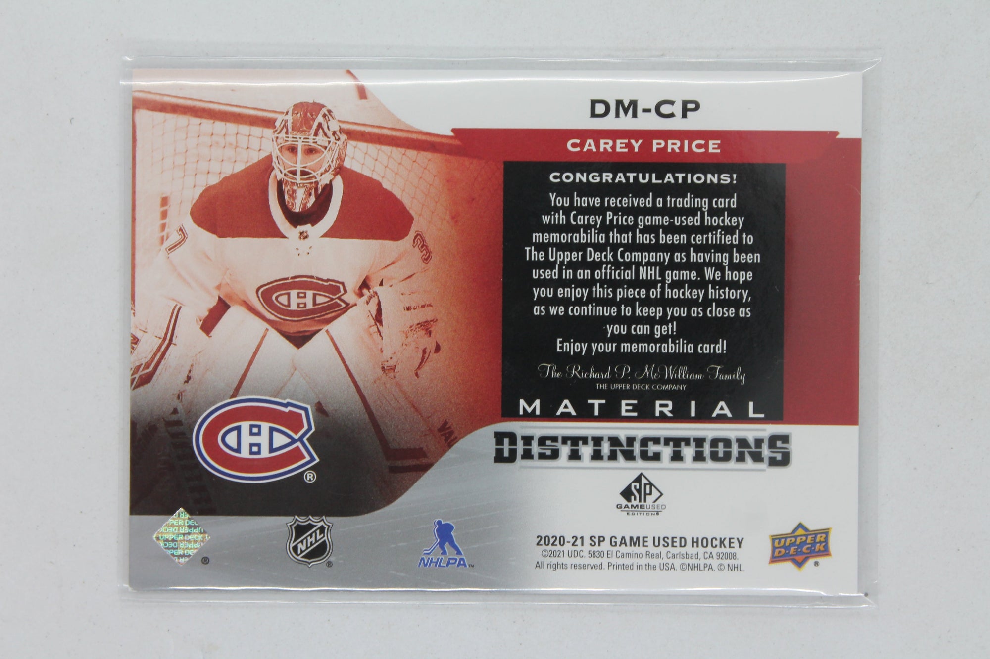 Carey Price 2020-21 UD SP Game-Used - Distinctions Materials #DM-CP Jersey Card