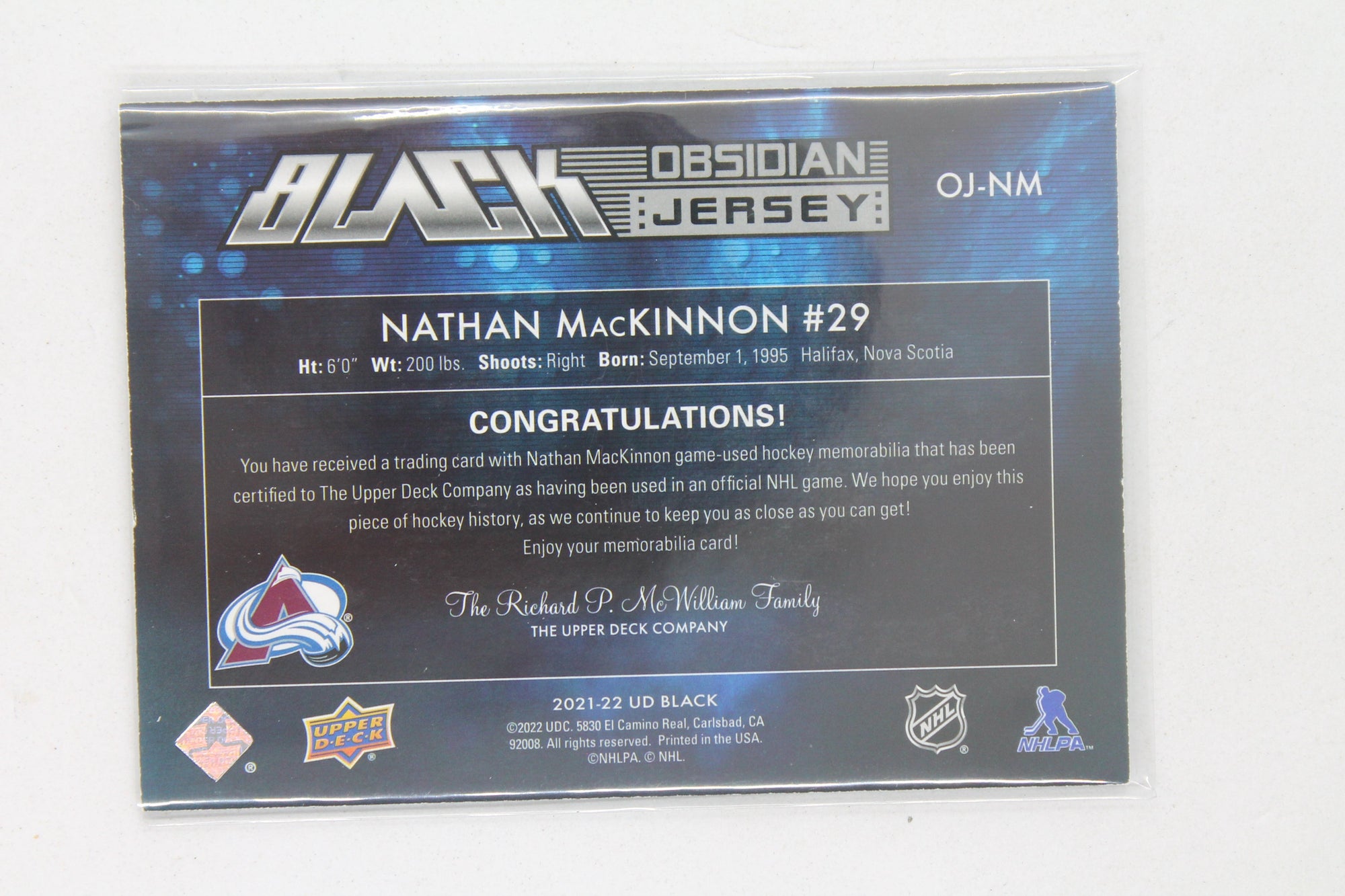 Nathan MacKinnon 2021-22 Upper Deck SPx Black Obsidian Jersey #142/249 Jersey Card