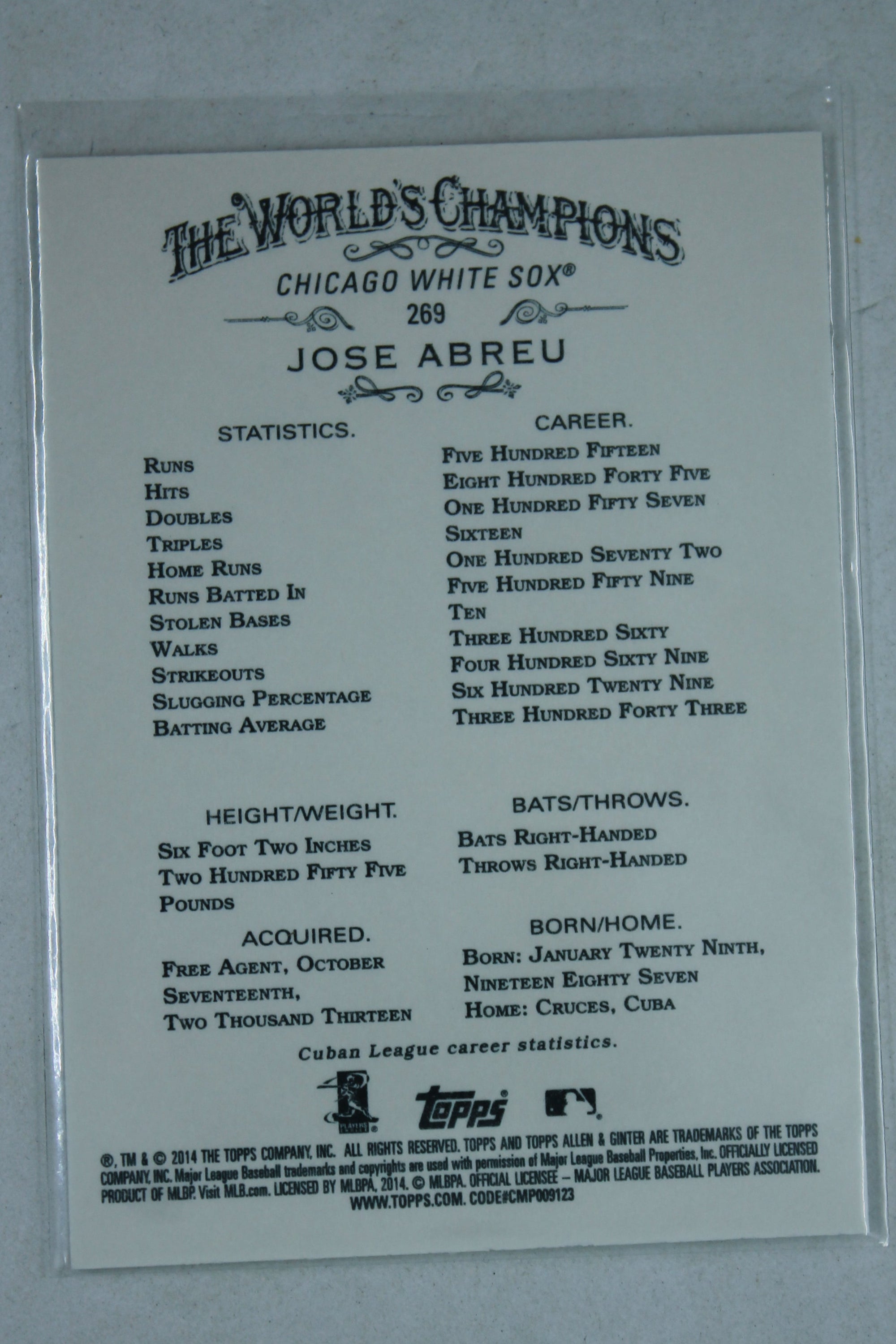 Jose Abreu 2014 Topps Allen & Ginter's Rookie Card